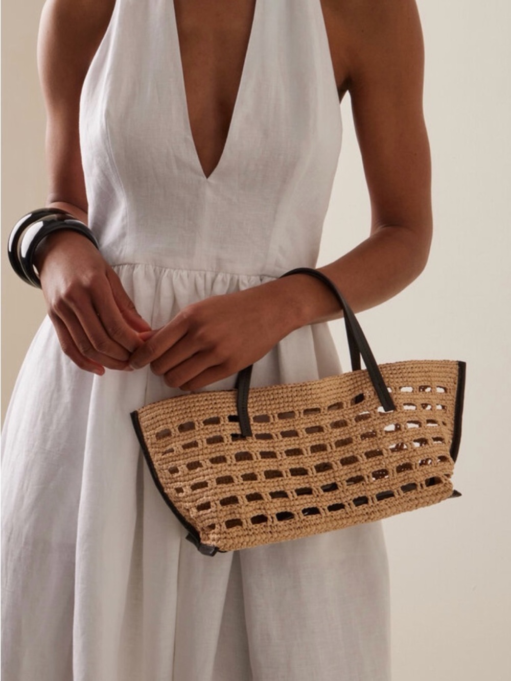STAUD Christos Raffia Mini Tote Bag Woven Straw Tote with Black Trim